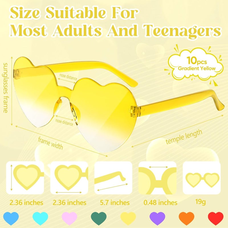 NACHLYNN 10 Pairs Heart Sunglasses Women Rimless Heart Shaped Sunglasses Candy Color Glasses for Costumes Cosplay (Gradient Yellow) - Image 2